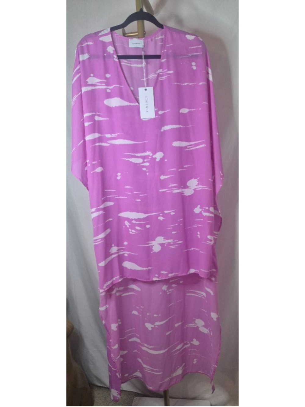 Women's ADRIENNE Pink & White Bleached Orchid Maxi Tunic Dress Sz L